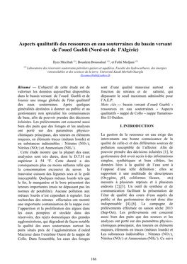 Aspects Qualitatifs Des Ressources En Eau Souterraines Du Bassin Versant De L’Oued Guebli (Nord-Est De L’Algérie)