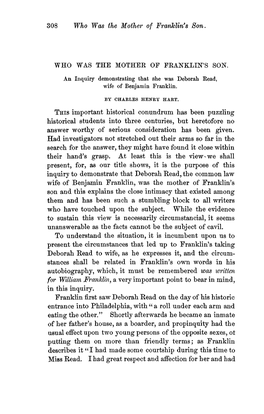 308 Who Was the Mother of Franklin's Son. THIS Important Historical Conundrum Has Been Puzzling Historical Students Into Three C