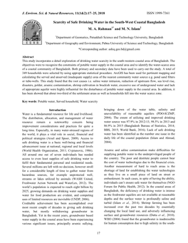 Scarcity of Safe Drinking Water in the South-West Coastal Bangladesh M. A. Rahman1* and M. N. Islam2