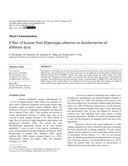 Hypsizygus Ulmarius in Decolorization of Different Dyes