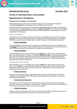 Summary Notes and Examples Reproduction in Vertebrates