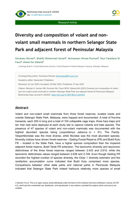 Diversity and Composition of Volant and Non- Volant Small Mammals in Northern Selangor State Park and Adjacent Forest of Peninsular Malaysia