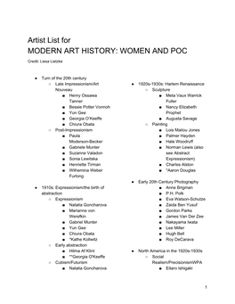 Artist List for MODERN ART HISTORY: WOMEN and POC