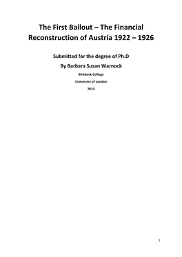 The Financial Reconstruction of Austria 1922 – 1926