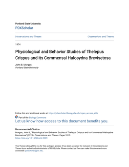 Physiological and Behavior Studies of Thelepus Crispus and Its Commensal Halosydna Brevisetosa