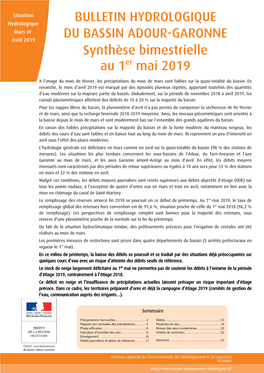 BULLETIN HYDROLOGIQUE DU BASSIN ADOUR-GARONNE | Synthèse Au 1 Mai 2019