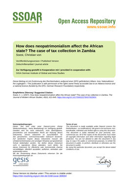 How Does Neopatrimonialism Affect the African State? the Case of Tax Collection in Zambia Soest, Christian Von