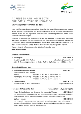 ADRESSEN UND ANGEBOTE FÜR DIE ÄLTERE GENERATION Einwohnergemeinde Wohlen Bei Bern