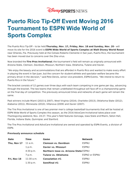 Puerto Rico Tip-Off Event Moving 2016 Tournament to ESPN Wide World of Sports Complex