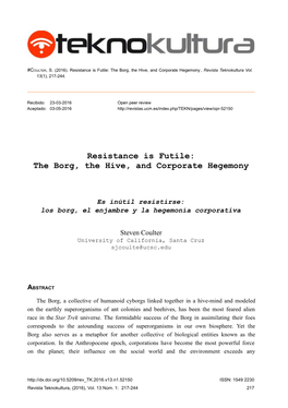 Resistance Is Futile: the Borg, the Hive, and Corporate Hegemony , Revista Teknokultura Vol