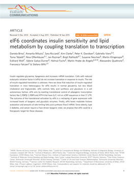 Eif6 Coordinates Insulin Sensitivity and Lipid Metabolism by Coupling Translation to Transcription