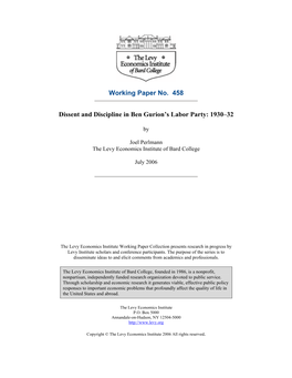 Working Paper No. 458 Dissent and Discipline in Ben Gurion's Labor Party