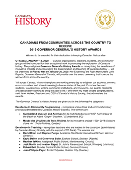 Canadians from Communities Across the Country to Receive 2019 Governor General's History Awardslink Opens In