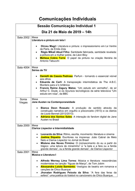 Sessão Comunicação Individual 1 Dia 21 De Maio De 2019 – 14H Sala 2002 Mesa Literatura E Pintura Em Tela I