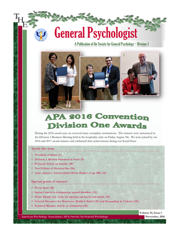 General Psychologist a Publication of the Society for General Psychology ~ Division 1