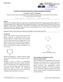 A Review on Pyrazole Derivatives of Pharmacological Potential A