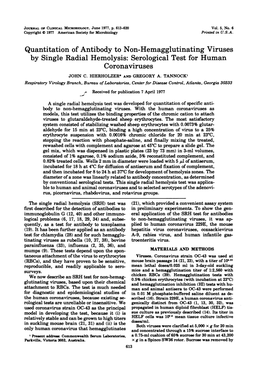 Quantitation of Antibody to Non-Hemagglutinating Viruses by Single Radial Hemolysis: Serological Test for Human Coronaviruses JOHN C