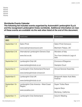 Worldwide Events Calendar the Following List Includes Events Organized by Automobili Lamborghini S.P.A