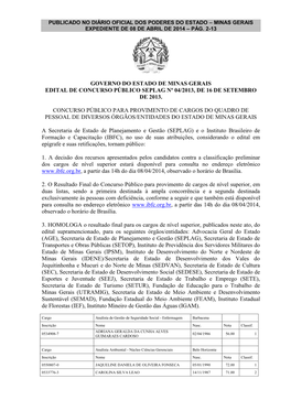 Governo Do Estado De Minas Gerais Edital De Concurso Público Seplag Nº 04/2013, De 16 De Setembro De 2013