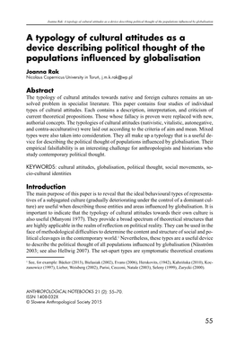 A Typology of Cultural Attitudes As a Device Describing Political Thought of the Populations Influenced by Globalisation