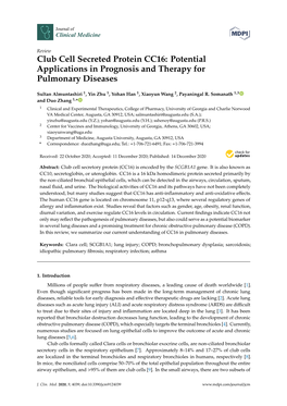 Club Cell Secreted Protein CC16: Potential Applications in Prognosis and Therapy for Pulmonary Diseases