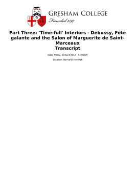 Interiors - Debussy, Fête Galante and the Salon of Marguerite De Saint- Marceaux Transcript