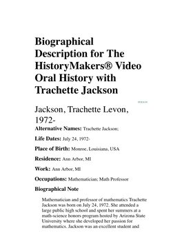 Biographical Description for the Historymakers® Video Oral History with Trachette Jackson