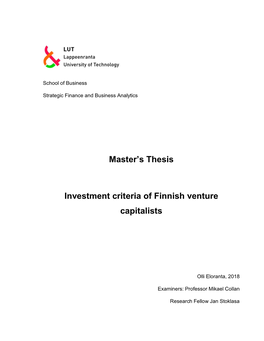 Master's Thesis Investment Criteria of Finnish Venture Capitalists