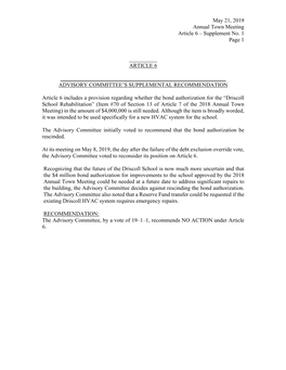 May 21, 2019 Annual Town Meeting Article 6 – Supplement No. 1 Page 1