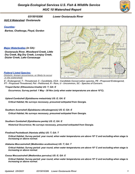 Georgia Ecological Services U.S. Fish & Wildlife Service 2/9/2021 HUC 10 Watershed Report