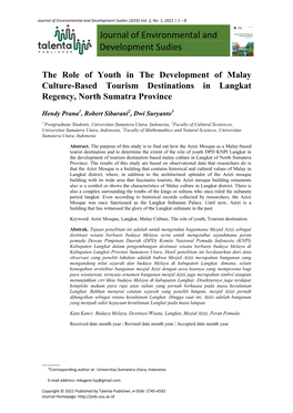 The Role of Youth in the Development of Malay Culture-Based Tourism Destinations in Langkat Regency, North Sumatra Province