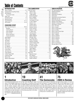 Table of Contents 2010 South Carolina Football Intro Introduction the GAMECOCKS 2009 in Review Staff Table of Contents