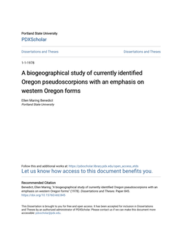 A Biogeographical Study of Currently Identified Oregon Pseudoscorpions with an Emphasis on Western Oregon Forms