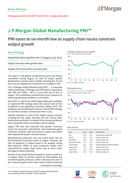 J.P.Morgan Global Manufacturing PMI™ PMI Eases to Six-Month Low As Supply Chain Issues Constrain Output Growth