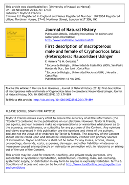 Journal of Natural History First Description of Macropterous Male and Female of Cryphocricos Latus (Heteroptera: Naucoridae)