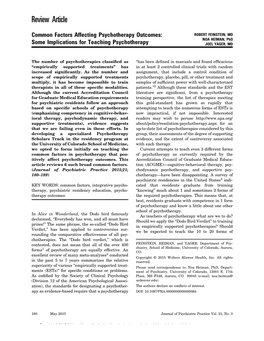 Common Factors Affecting Psychotherapy Outcomes: ROBERT FEINSTEIN, MD NOA HEIMAN, Phd Some Implications for Teaching Psychotherapy JOEL YAGER, MD