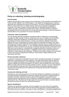 BC Policy on Collecting, Breeding and Photography 2010