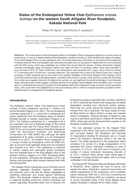 Status of the Endangered Yellow Chat Epthianura Crocea Tunneyi on the Western South Alligator River Floodplain, Kakadu National Park