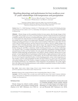 Breeding Phenology and Performance for Four Swallows Over 57 Years: Relationships with Temperature and Precipitation 1, 2 1 TARA L