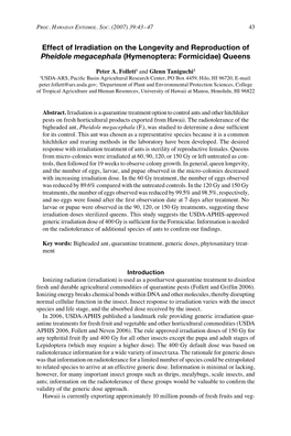 Effect of Irradiation on the Longevity and Reproduction of Pheidole Megacephala (Hymenoptera: Formicidae) Queens