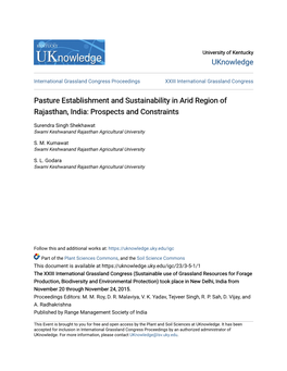 Pasture Establishment and Sustainability in Arid Region of Rajasthan, India: Prospects and Constraints