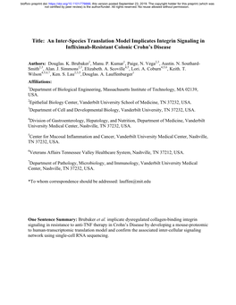 An Inter-Species Translation Model Implicates Integrin Signaling in Infliximab-Resistant Colonic Crohn’S Disease
