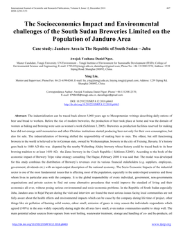 The Socioeconomics Impact and Environmental Challenges of the South Sudan Breweries Limited on the Population of Janduro Area
