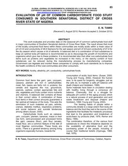 EVALUATION of Ph of COMMON CARBOHYDRATE FOOD STUFF CONSUMED in SOUTHERN SENATORIAL DISTRICT of CROSS RIVER STATE of NIGERIA