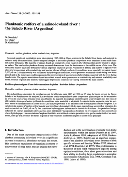 Planktonic Rotifers of a Saline-Lowland River : the Salado River (Argentina)