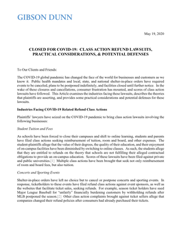 Closed for Covid-19: Class Action Refund Lawsuits, Practical Considerations, & Potential Defenses