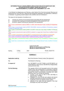 Determination of a Development Application for State Significant and Integrated Development Under Section 80 of the Environmental Planning and Assessment Act, 1979