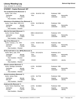 Library Weeding Log Belmont High School From: 3/12/2021 To: 3/12/2021