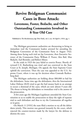 Revive Bridgman Communist Cases in Boss Attack: Lovestone, Foster, Bedacht, and Other Outstanding Communists Involved in 8-Year Old Case