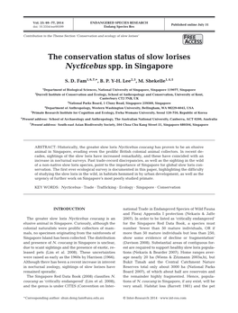 The Conservation Status of Slow Lorises Nycticebus Spp. in Singapore